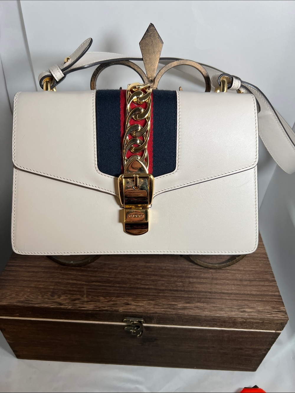 Gucci Cream Leather Shoulder Bag with Navy and Red Web Stripe & Gold Chain